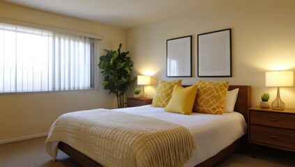 Fototapeta premium Bright, cozy bedroom with modern decor.