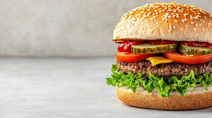 Juicy Hamburger with Sesame Bun on Gray Textured Background