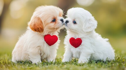 Adorable Puppies with Heart-Shaped Accessories in Natural Setting