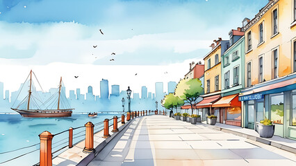 Naklejka premium Watercolor Painting of Coastal City Street with Sailboat and Skyline View