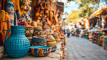 Colorful Handmade Pottery and Woven Baskets at Market
