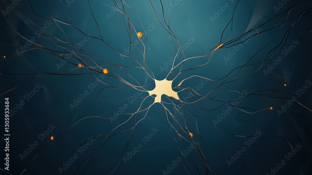 Poster intricate neural connections with glowing elements in deep blue background