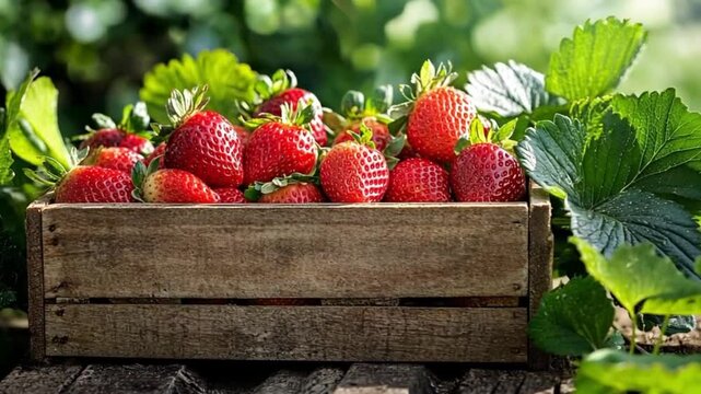 Fresh strawberries in a wooden crate, garden setting, healthy eating, delicious fruit,  outdoor