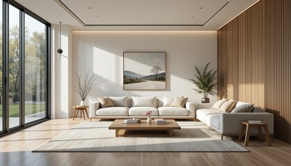 Fototapeta premium Cozy living room interior design modern home photography bright atmosphere wide angle elegance