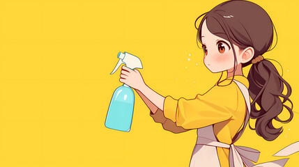 Young woman in yellow apron spraying cleaner in a bright yellow room, showcasing a clean environment