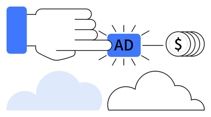Hand pressing AD button with glowing effect, connected to dollar coins. Ideal for digital marketing, online advertising, e-commerce, monetization, pay-per-click, online revenue, flat simple metaphor