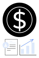 Large dollar sign icon over documents and upward arrow bar chart. Ideal for finance, economy, investment, profit analysis, data presentation, business strategy, budgeting. Flat simple metaphor
