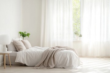 Bright, minimalist bedroom with a comfortable bed, sheer curtains, and natural light.