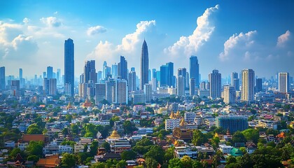 Naklejka premium Cityscape, skyscrapers, temples, sunny day, urban