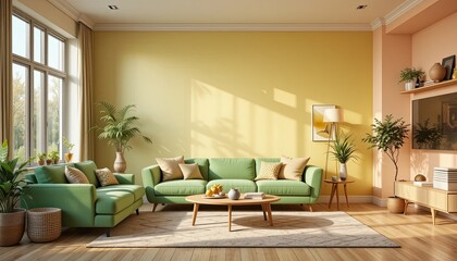 Fototapeta premium Cozy living room interior modern home photo bright environment wide view stylish design