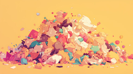 Naklejka premium Colorful pile of cartoonish animals and objects against a bright yellow background, playful and whimsical