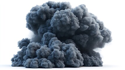 Dark smoke plume explosion, isolated on white. Industrial accident background image