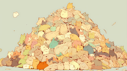 A vibrant pile of cartoon cats in various colors, playfully stacked, with a serene background