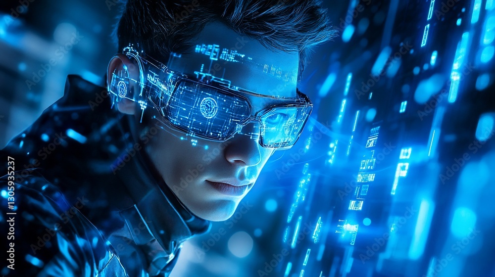 Aufkleber a person wearing high-tech glasses with digital display surrounded by digital data stream