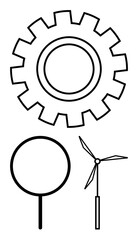 Gear for industry, magnifying glass for research, wind turbine for energy innovation. Ideal for technology, sustainability, efficiency, analysis, progress renewable energy and innovation. Flat