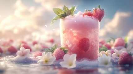 A glass of ice with a fresh strawberry sits on a wooden table.