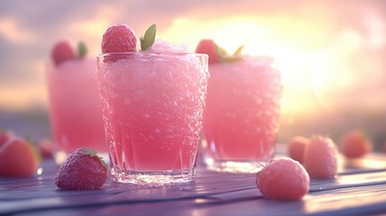 Three glasses of pink liquid with fresh strawberries on a table.