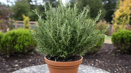 Rosemary Herb Plant in Terracotta Pot, Garden Setting