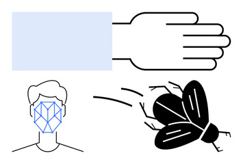 Abstract face scan, hand in slap motion, and flying insect swat action. Ideal for concepts thumbs up biometrics, interaction, motion detection, AI, pest control, user experience and digital design