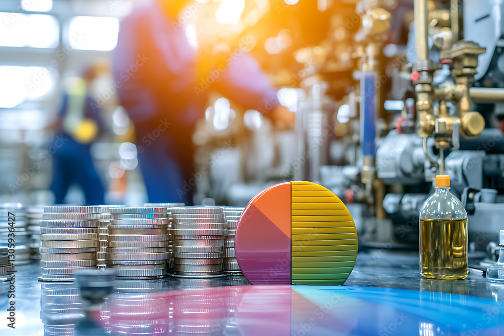 Poster analyzing financial performance with coins and graphs in industrial setting business environment clo
