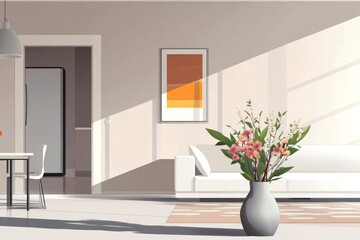 Bright, modern apartment interior with sunlight streaming through large windows, showcasing a stylish living area, dining area, and hallway.