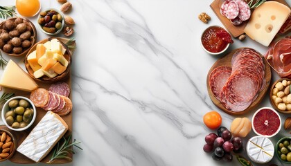 collection of charcuterie cheeses meats and appetizers top down view double border on a white marble background with copy space