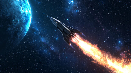 Obraz premium sleek spaceship launching into starry expanse, leaving fiery trail behind. vastness of space surrounds it, evoking sense of adventure and