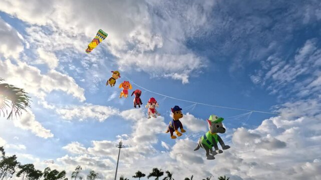  A group of inflatable kites shaped like cartoon characters is flying in the bright blue sky with scattered white clouds