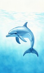 Obraz premium Dolphin swimming in the ocean against a vibrant blue background.