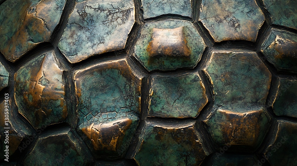 Poster exploring turtle shell close up with intricate texture and teal tones