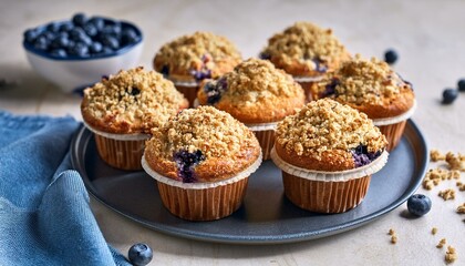 Blueberry muffins with oat crumble topping just baked
