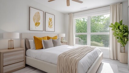 Bright, modern bedroom with large windows showcasing a garden view, light beige and mustard accents.