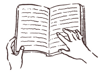 本を読んでいるシーンのイラスト。手と本。ベクターイラスト素材。