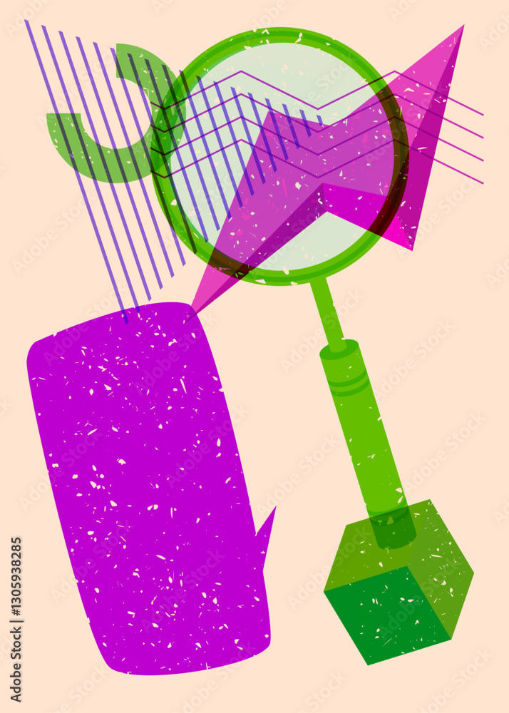 Poster risograph magnifying glass with speech bubble with geometric shapes. objects in trendy riso graph pr