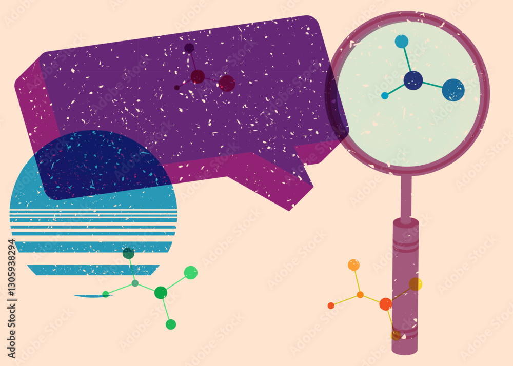 Poster risograph magnifying glass with speech bubble with geometric shapes. objects in trendy riso graph pr