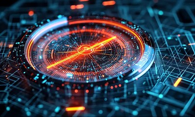 A futuristic, glowing compass representing data navigation and technological direction in a circuit board. - Powered by Adobe