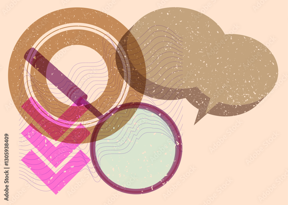 Poster risograph magnifying glass with speech bubble with geometric shapes. objects in trendy riso graph pr