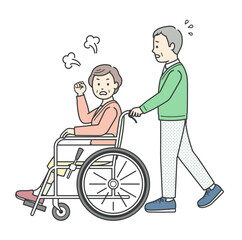 車椅子に座って怒る女性高齢者を介助する男性高齢者イラスト
