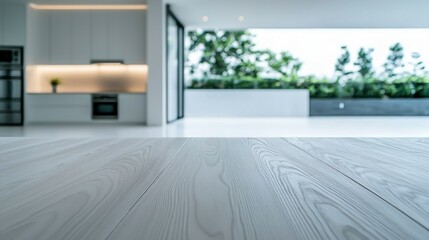 Fototapeta premium Modern Kitchen Interior Design Empty Light Wood Tabletop Space for Product Display
