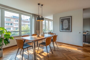 Bright, modern dining area with large windows, wooden floors, and a minimalist design.