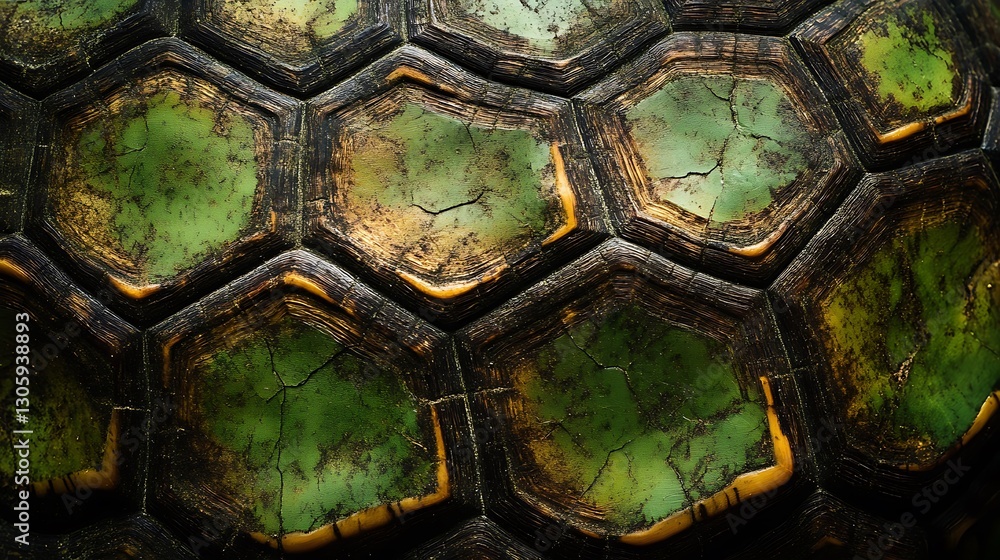Poster detailed view of turtle shell with hexagonal pattern and green hue