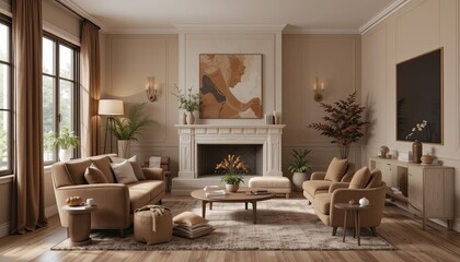 Fototapeta premium Cozy living room design modern home interior inspiration warm environment wide angle comfort concept