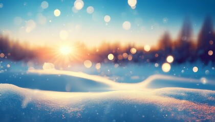 Naklejka premium glare bokeh on winter sunset snowy landscape background glittering blue cold airy panorama illustration