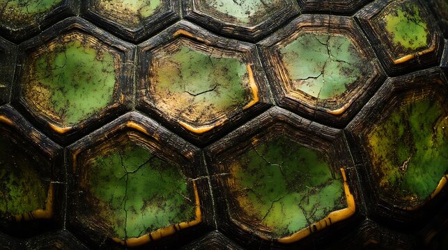 Detailed View of Turtle Shell with Hexagonal Pattern and Green Hue