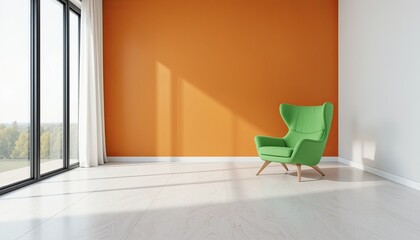 Modern green chair in orange minimalist interior