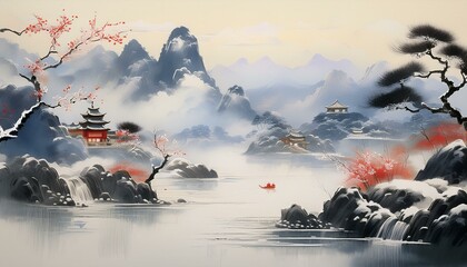 Ink landscape painting in winter.Eastern traditional painting