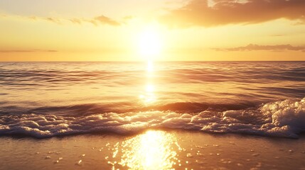 ahmadwahyuutomo776@gmail.com A serene sunrise over a calm ocean showcasing soft waves reflecting the golden light.