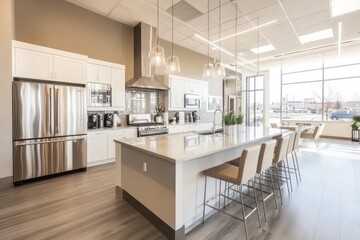 Bright, modern kitchen with island and seating area, perfect for a community or apartment.