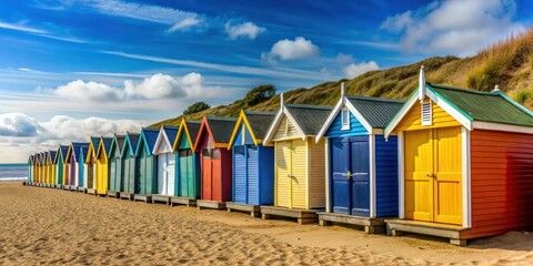 Row of colorful beach huts along the Norfolk coast, beach huts, Norfolk coast, seaside, summer, vacation, travel, colorful