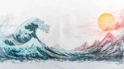 Obraz premium Majestic Ocean Wave Sunrise Japanese Art Style Print Landscape Painting